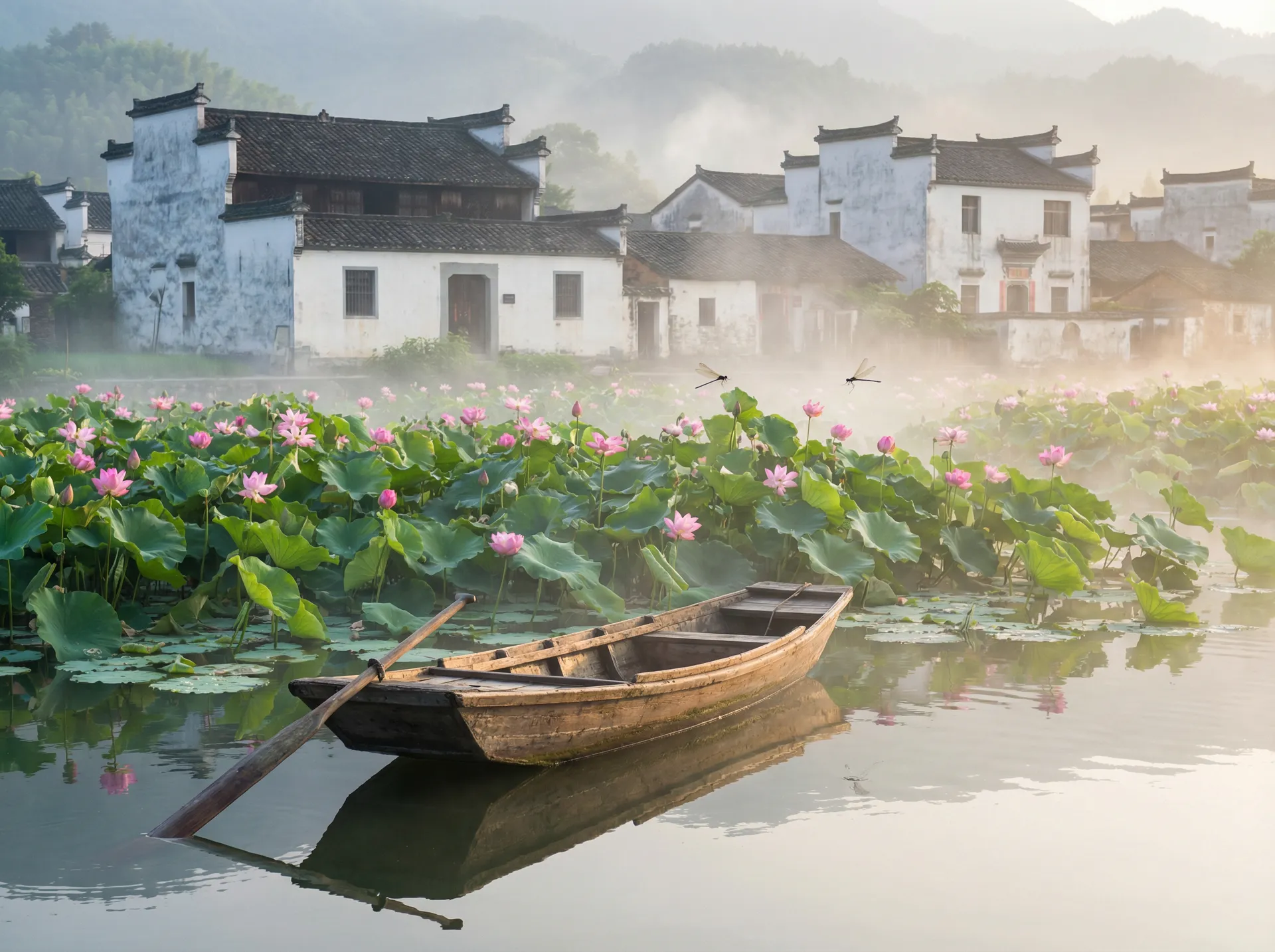 清晨荷塘小舟，粉色荷花盛开，白墙黑瓦的村庄 - 东北农村大炕乱肉小说 水乡风情